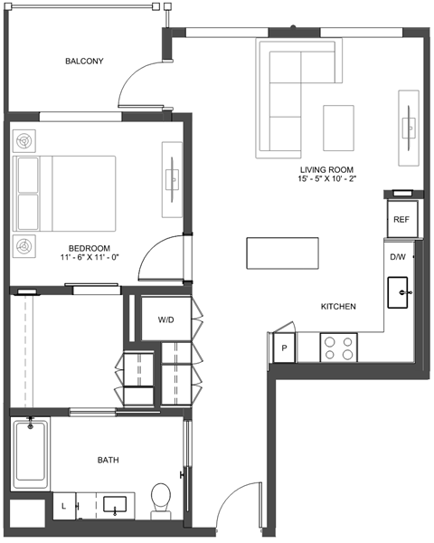Floor plan for 1 bed, 1 bath, 800 sqft